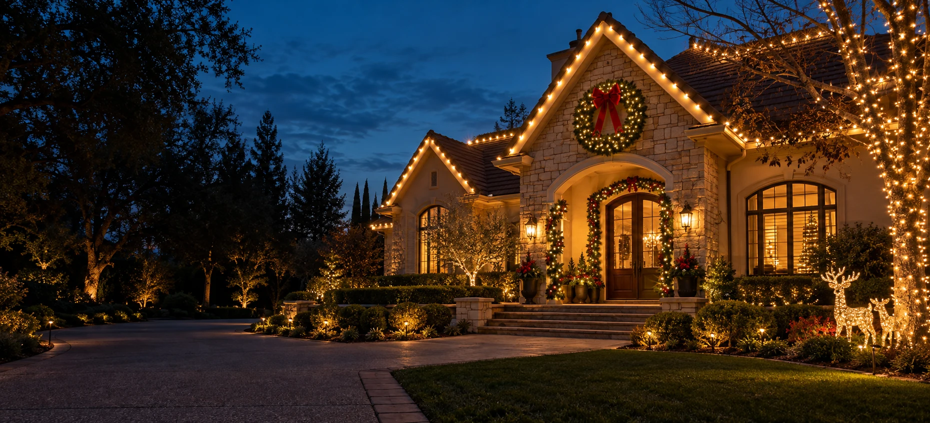 Illustrative Sacramento home with warm Christmas lights and a festive front entrance