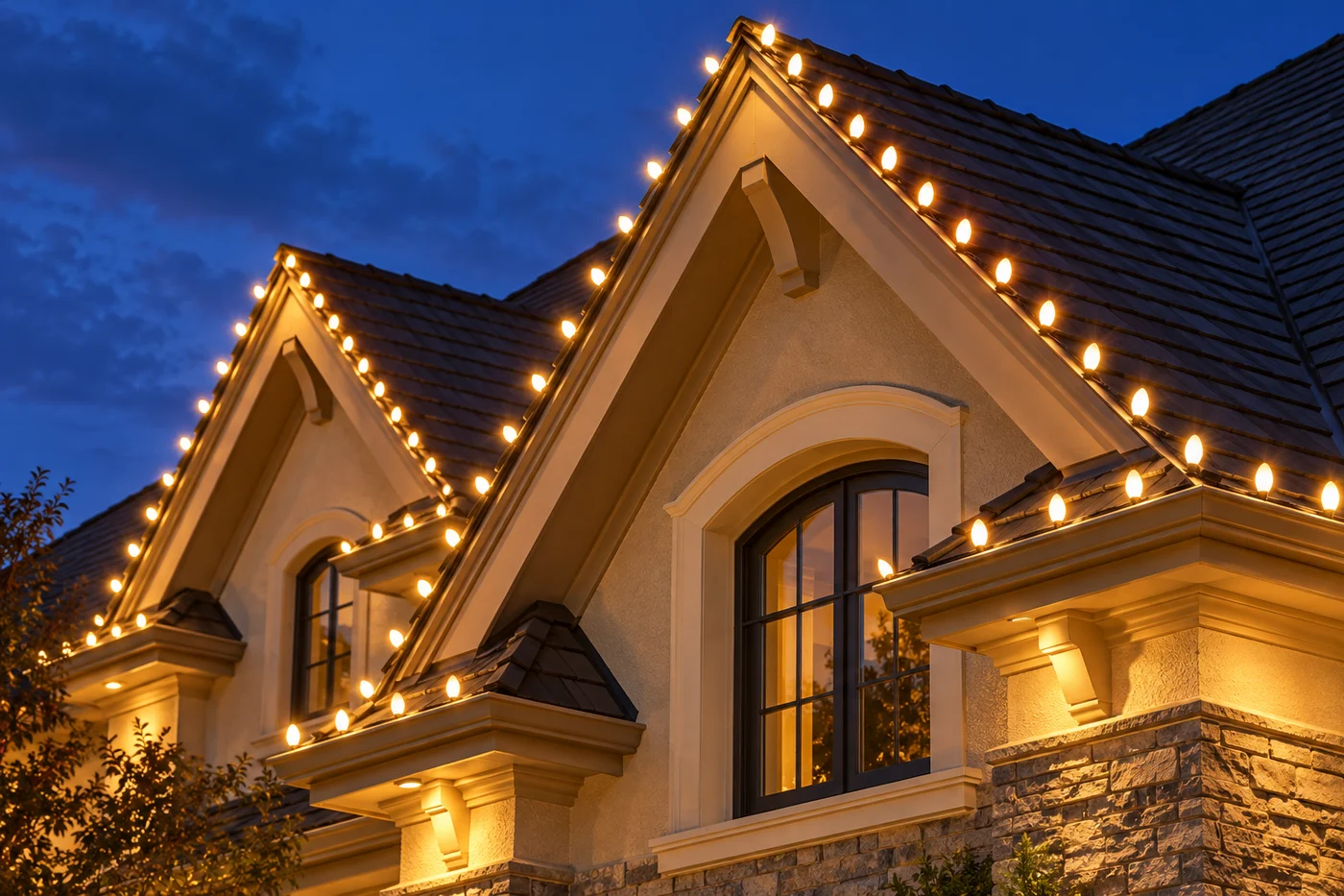 Illustrative holiday roofline lights