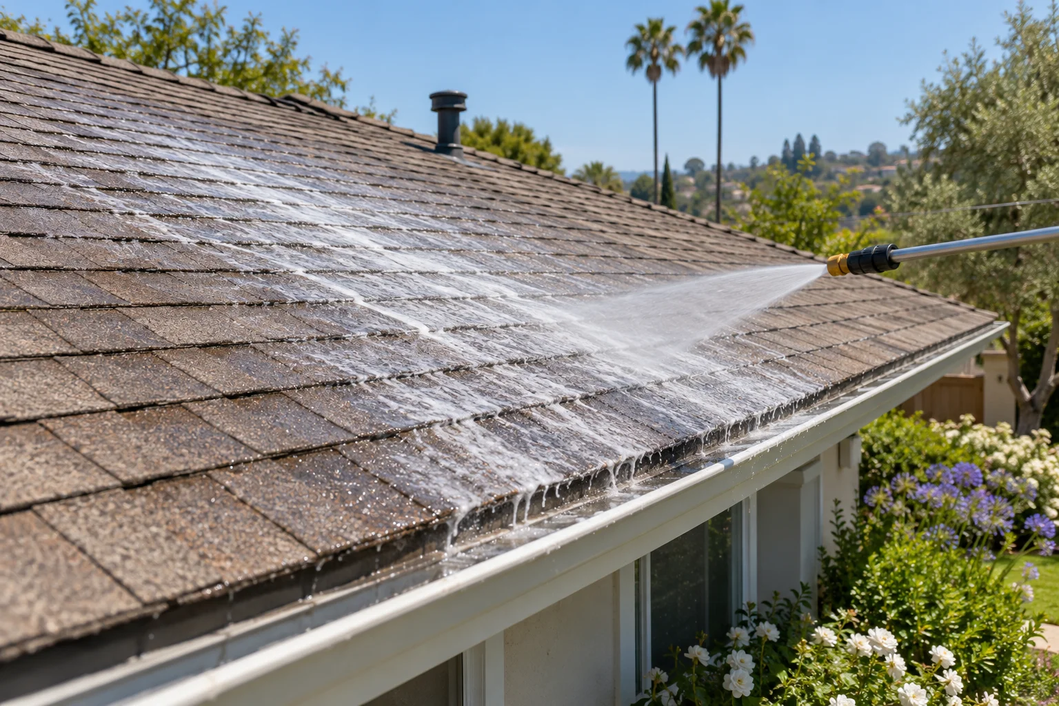 Illustrative roof soft washing in progress